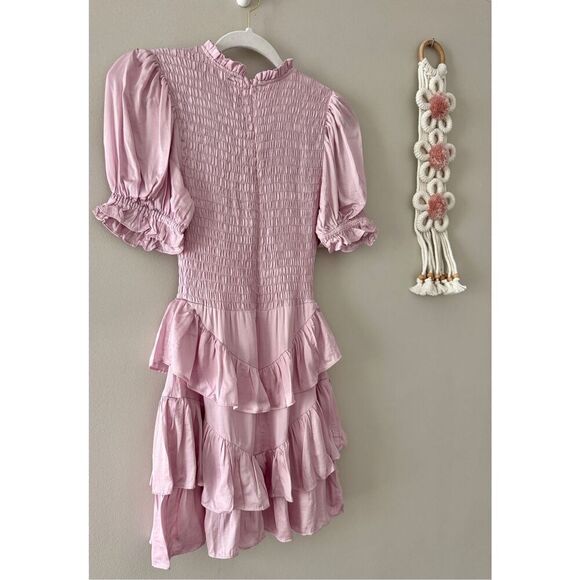 Olivaceous Smocked Tiered Ruffle Mini Dress Satin Pink Size Small NEW - Picture 4 of 8